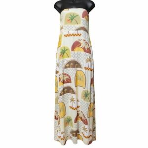 Paper Heart Palm Tree Print Strapless Linen Blend Maxi Dress Cream Multi PH4113C
